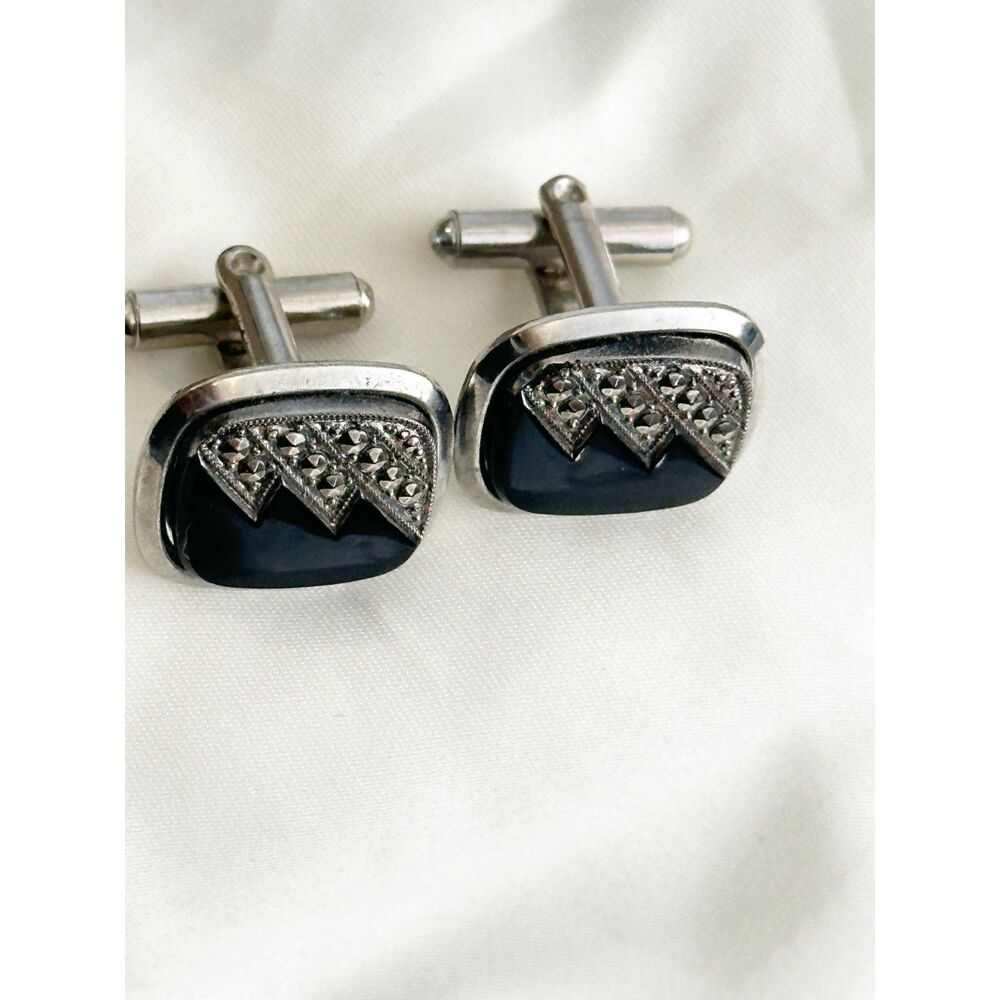 Vintage Marcasite Cufflinks Black Zig Zag square dark academia poetcore - Picture 5 of 5
